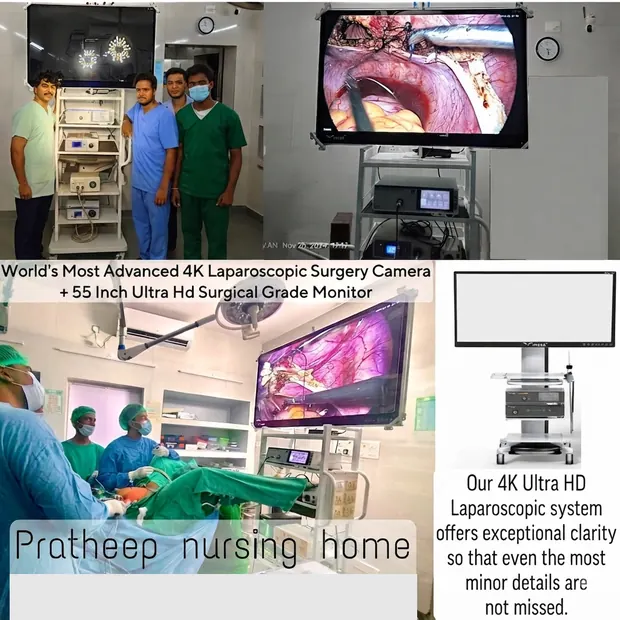 Surgical team operating at Pratheep Nursing Home with the 4K laparoscopic monitor in view